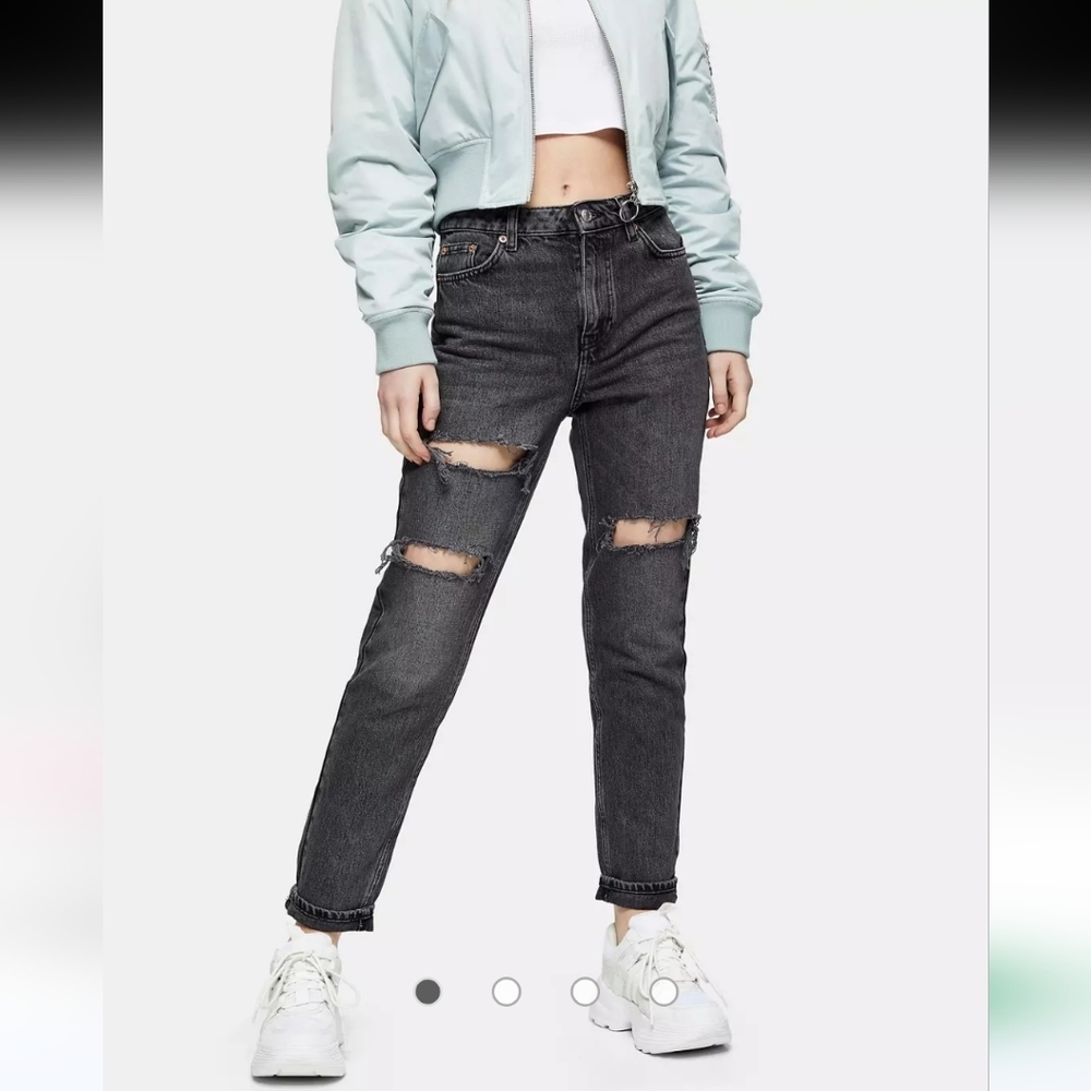 NWT Topshop Double Knee Rip Mom Jeans In Washed Black Size 25W 32L